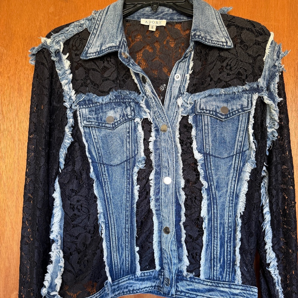 Adore Denim Lace Embroidered Jacket, Size Small, Like New